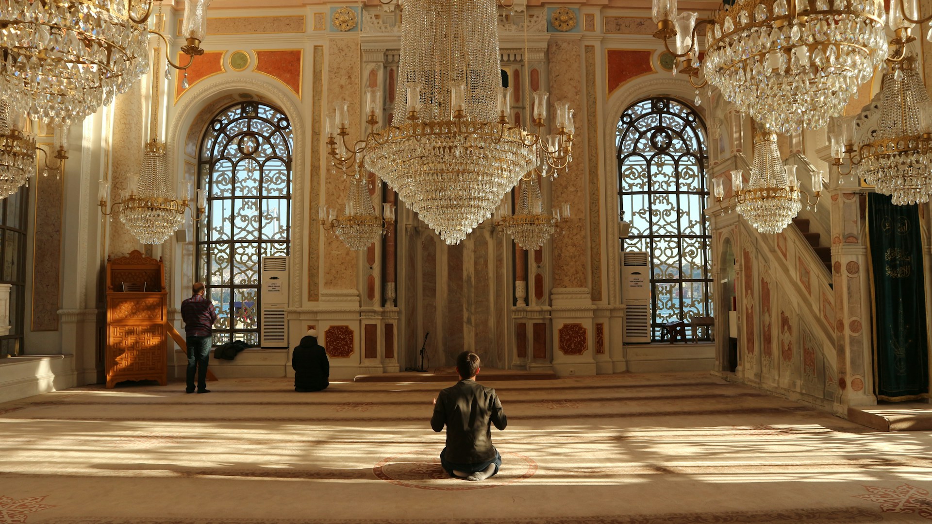 Mosque interior with chandeliers